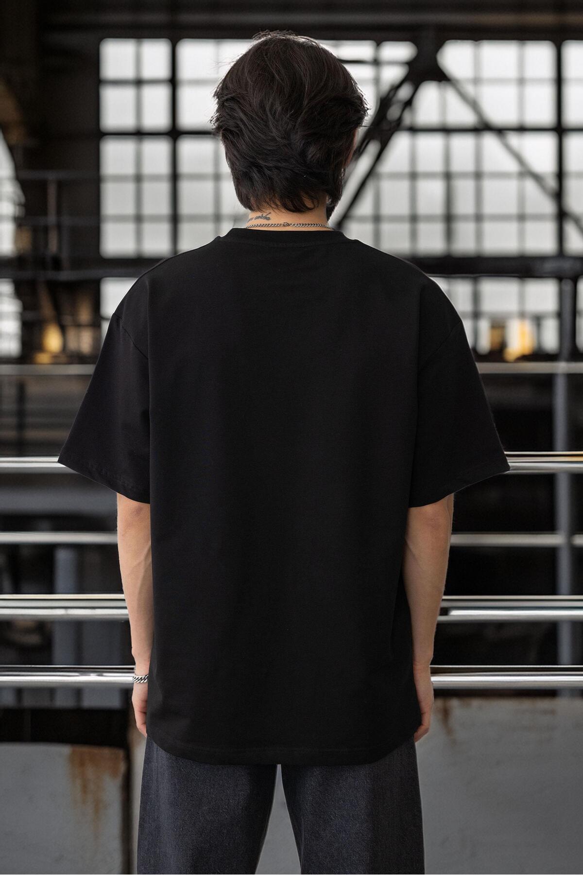 Valiberta-Pocket Printed Two Thread Fabric Cotton Oversize Men's T-Shirt - Black 4