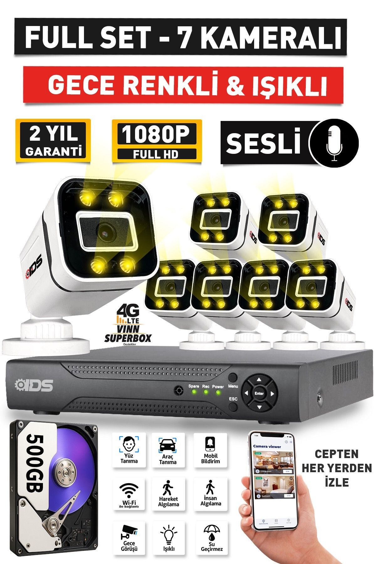 IDS SESLİ - 7 KAMERALI FULLHD GECE RENKLİ VE IŞIKLI GÜVENLİK KAMERASI - KAMERA SETİ 500GB DİSK