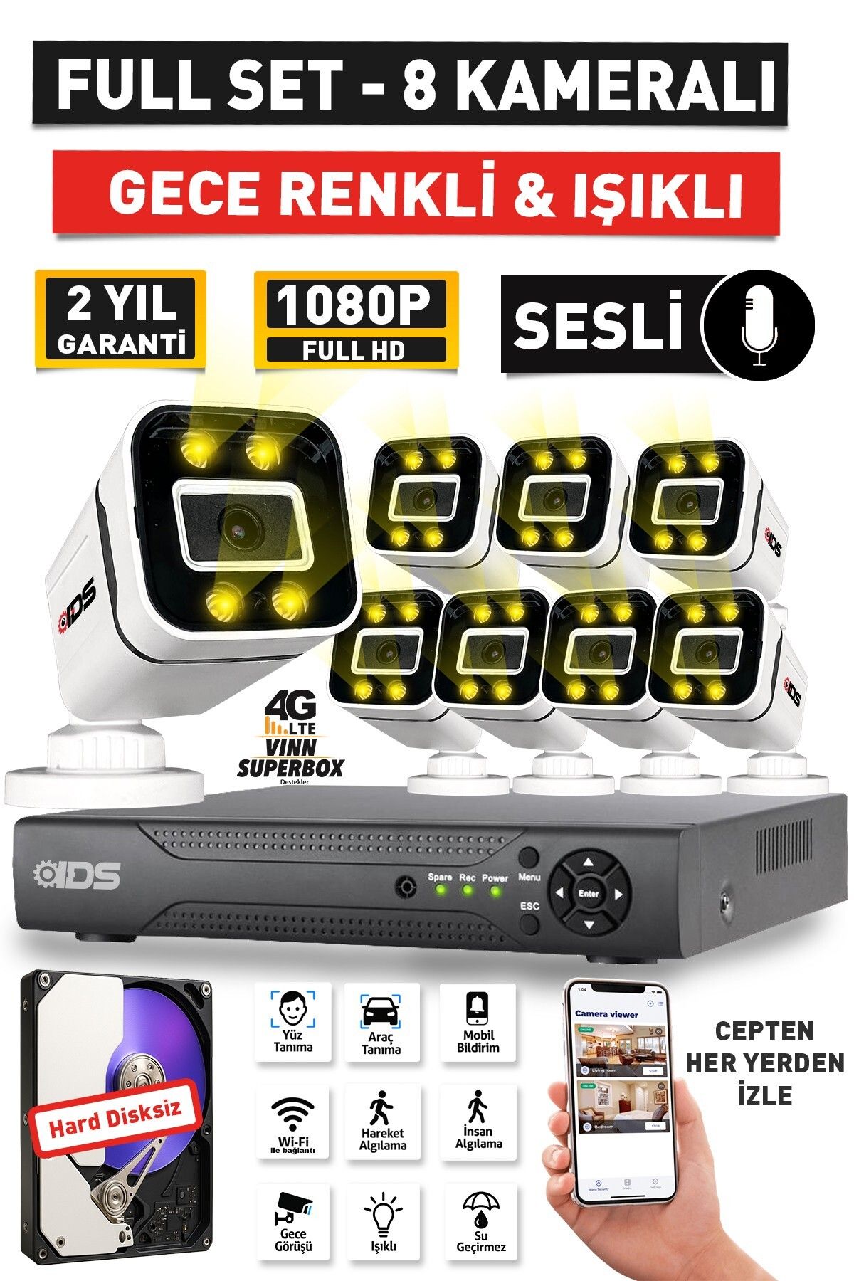 IDS SESLİ - 8 KAMERALI FULLHD GECE RENKLİ VE IŞIKLI GÜVENLİK KAMERASI - KAMERA SETİ HARD DİSKSİZ