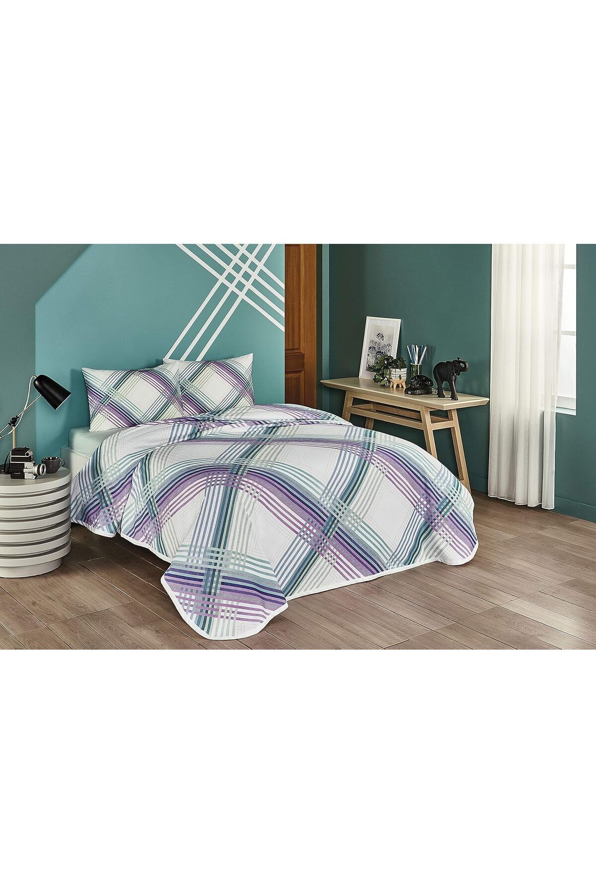 KDROĞLU KDROGLU Lewis Geometrik Desenli%100 Pamuk Pike Takımı, Mint, Tek Kişilik (Pike: 160x230 cm/Lastik