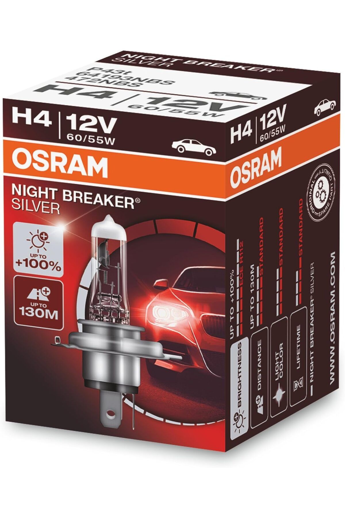 KDROĞLU GEÇMEZ Ampul Night Breaker Laser H4 12V 60/55W%100'ye kadar Fazla Işık 130M'ye kadar Fazla Görü