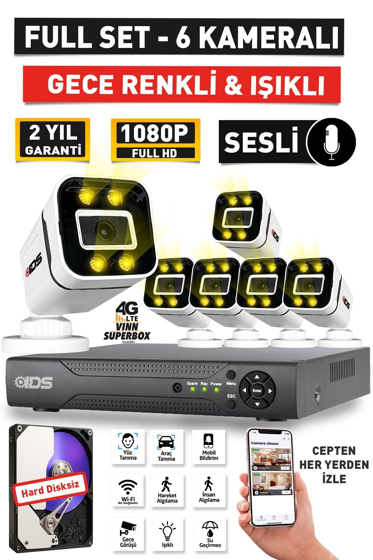 IDS SESLİ - 6 KAMERALI FULLHD GECE RENKLİ VE IŞIKLI GÜVENLİK KAMERASI - KAMERA SETİ HARD DİSKSİZ