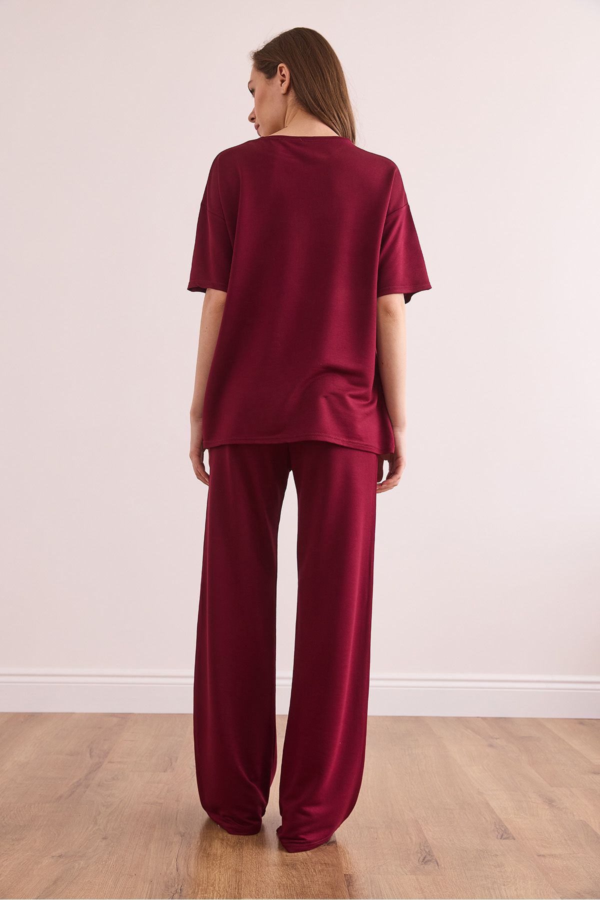 Olalook-Women's Burgundy Bottom Pocket Trousers Top T-Shirt Set Tkm- 19000374 8