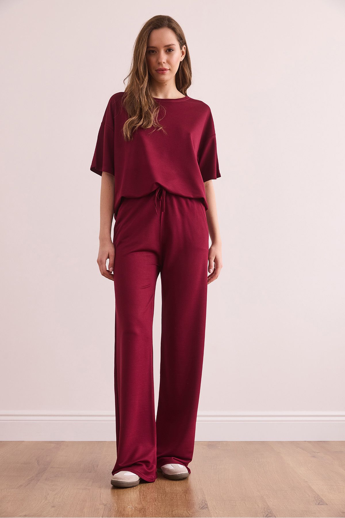 Olalook-Women's Burgundy Bottom Pocket Trousers Top T-Shirt Set Tkm- 19000374 2