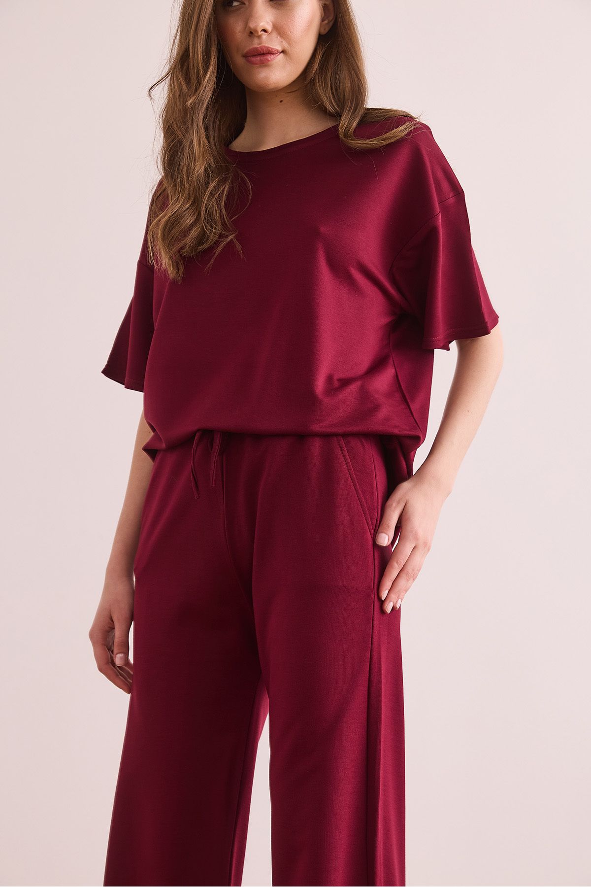 Olalook-Women's Burgundy Bottom Pocket Trousers Top T-Shirt Set Tkm- 19000374 6