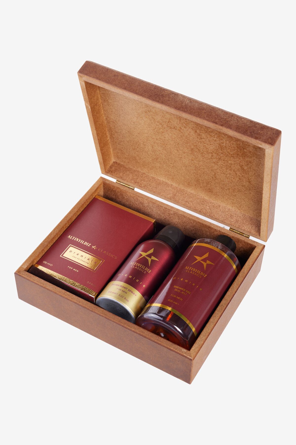 ALTINYILDIZ CLASSICS-Premiere EDP-Parfüm-Deodorant-Duschgel-Set für Herren in Holzbox (100 ml, 150 ml, 400 ml), Bräutigampackung 2