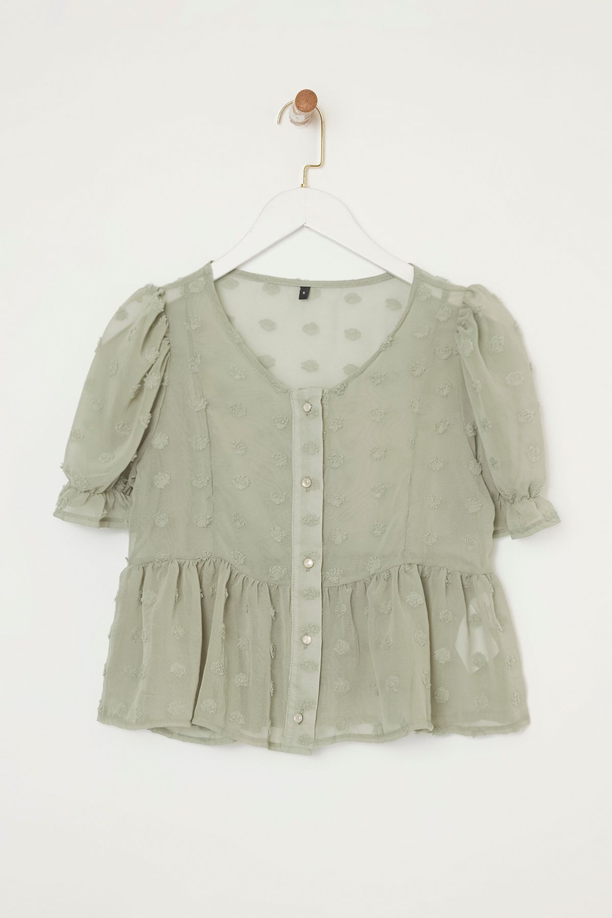 Trendyolmilla  Yeşil Düğmeli Astarsız Dokuma Dokulu Şifon Bluz Gömlek TEDSS25BZ00004