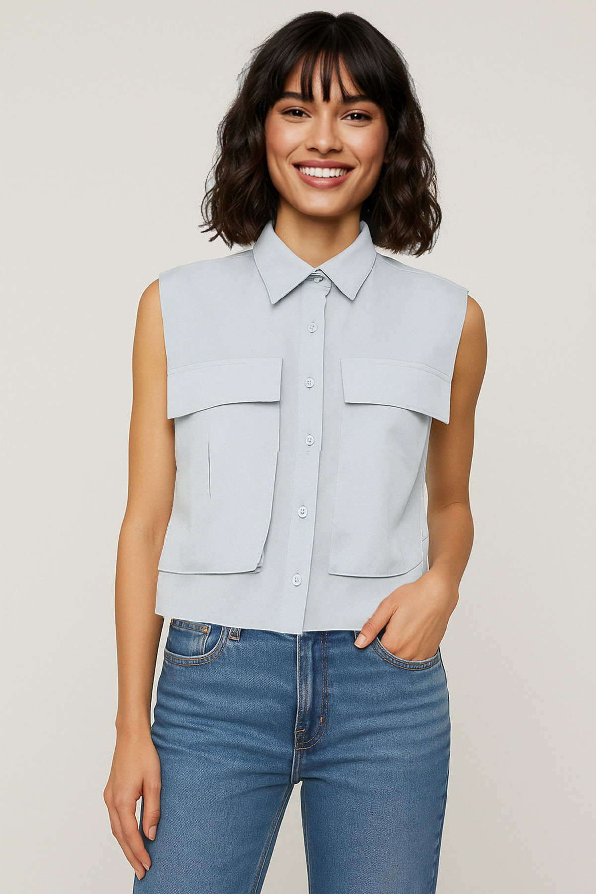 Trendyolmilla  Açık Mavi Utility Cep Detaylı Sıfır Kol Regular kalıp Dokuma Gömlek TWOSS25GO00041 - Görsel 4