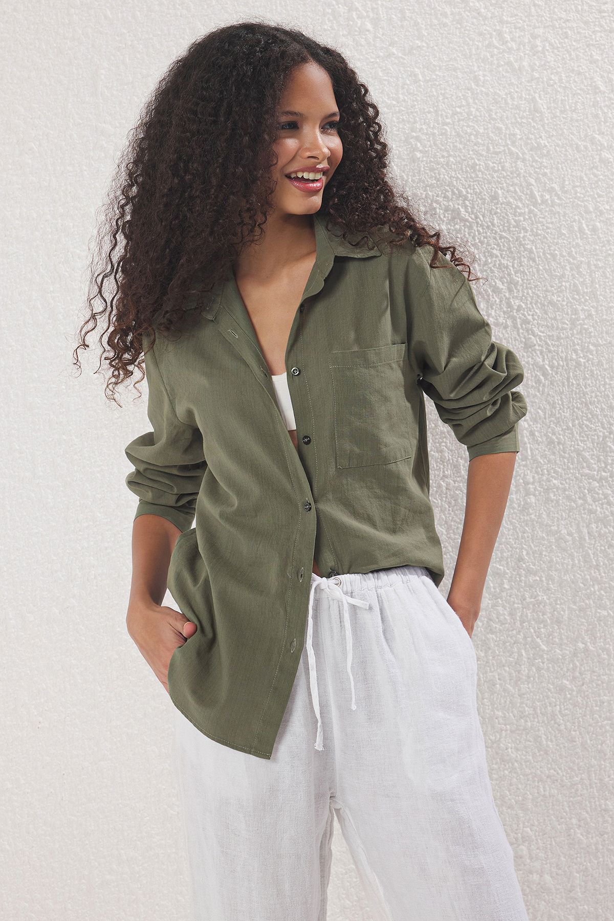 Trendyol Collection-Khaki Cotton Blended Linen Look Oversize Wide Fit Woven Shirt Twoss25Go00096 1