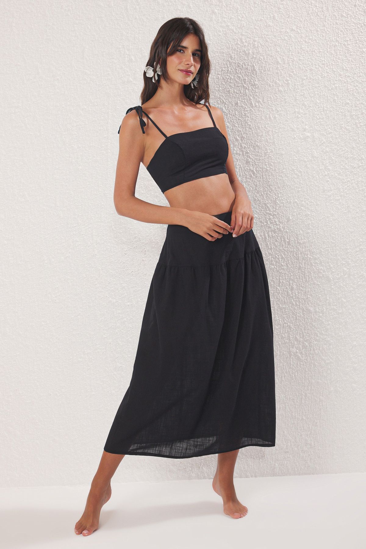 Trendyol Collection Czarny Tkany, Bawełniany, Plażowy Zestaw Bluzka-spódnica Kobieta - 38