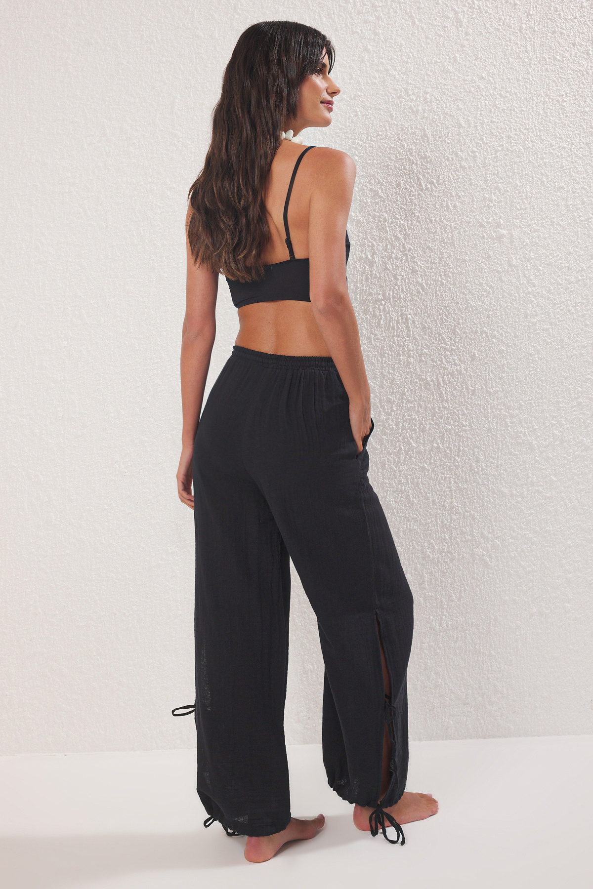 Trendyol Collection-Black Binding Detailed Muslin 100% Cotton Beach Pants Tbess25Pl00008 4