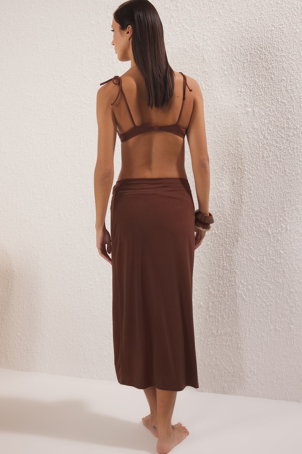 Trendyol Collection-Brown Fitted Knitted Beach Skirt with Accessory Detail Tbess25Et00016 4