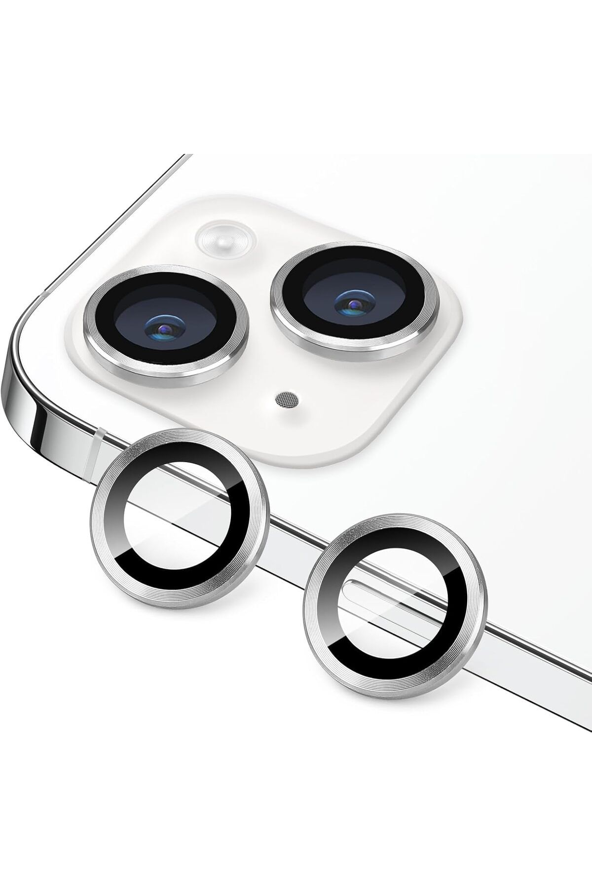 MEGOBİNE WHERE iPhone 13 ile Uyumlu Alüminyum Çerçeveli Temperli Safir Metal Lens (Gümüş, iPhone 13) ZT
