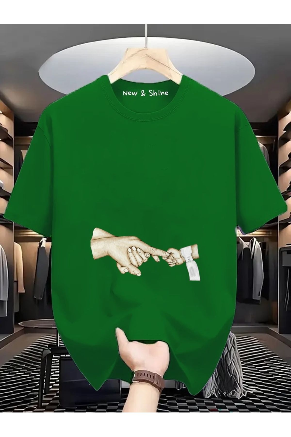 New Shine Bebek Aile El Tutuşma Baskılı Büyük Beden Oversize T-Shirt