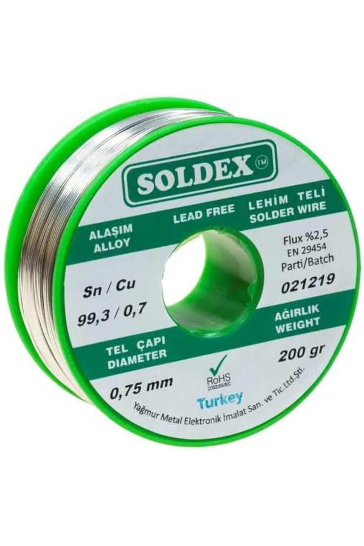 DERİK dsr 0.75 mm 200 g Kurşunsuz Lehim Teli (%99,3 Sn /%0,7 Cu) hrn 1122015