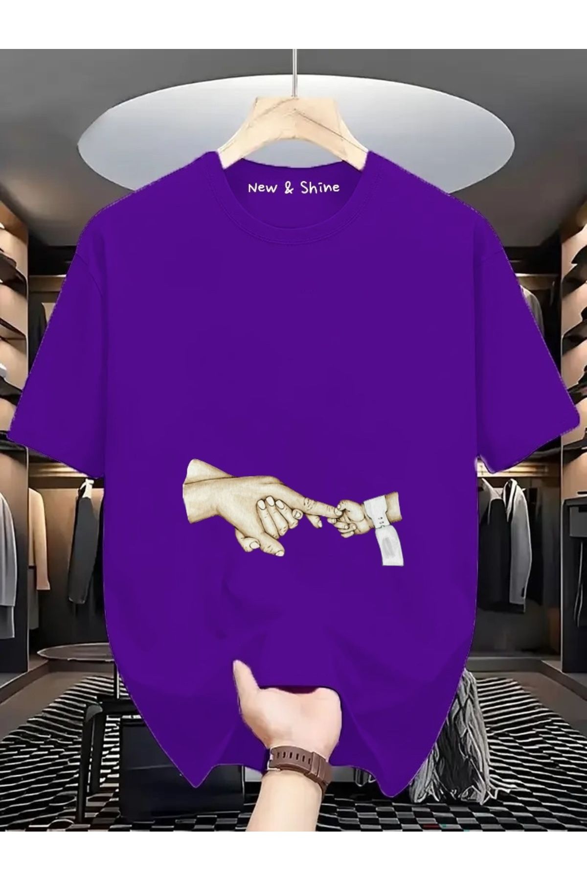 New Shine Bebek Aile El Tutuşma Baskılı Büyük Beden Oversize T-Shirt