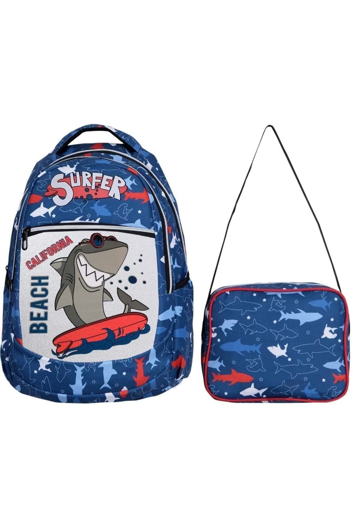 DERİK ilkokul Okul Sırt çantası Kız Erkek Unisex Beslenme çantalı Ortopedik 2li Set Köpek Balığı