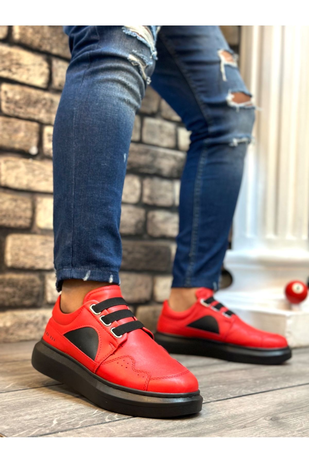 EBRUS TREND ET0302 Kalın Taban Bağcıksız Tarz Casual Kırmızı Siyah Erkek Ayakkabı