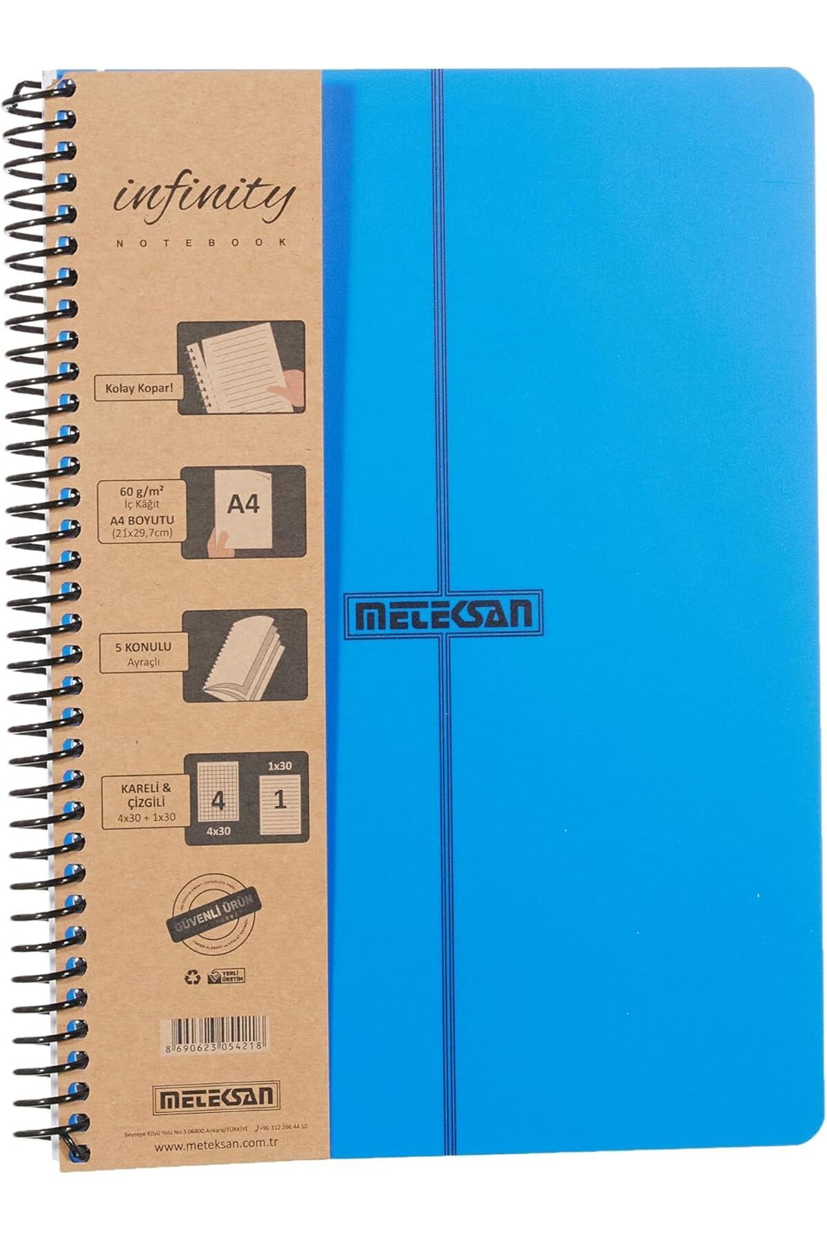 mazıdağı mazzıdağ Infinity Primary Serisi, A4, 5 Konulu (4 Kareli, 1 Çizgili) 150 Yaprak PP Kapaklı Spira
