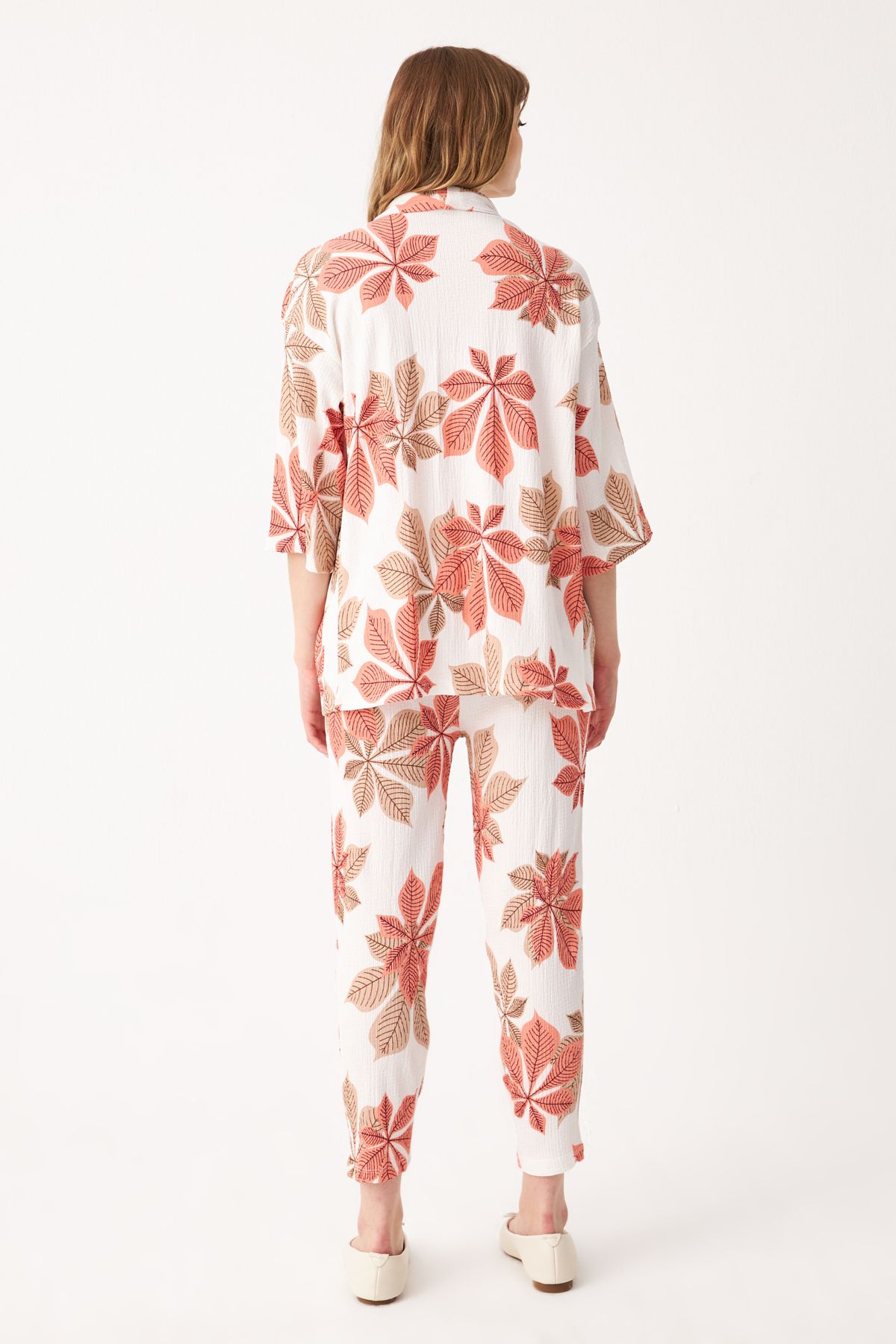 Know-Women's Orange-White Floral Pattern Kimono Shirt Pants Set 5