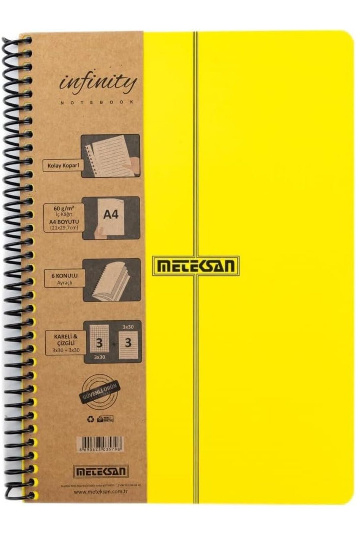 MEGOBİNE WHERE Infinity Primary Serisi, A4, 6 Konulu (3 Kareli, 3 Çizgili) 180 Yaprak PP Kapaklı Spiralli D