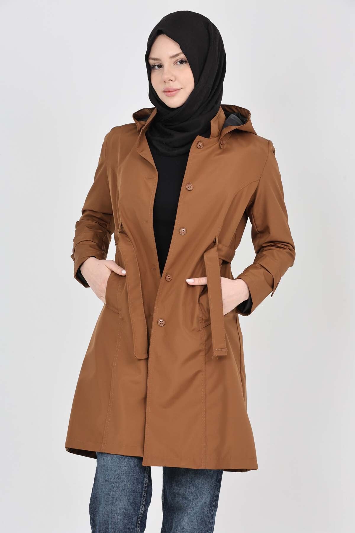 S&V TEKSTİL Kadın Kahverengi Yeni Trend Tesettür Trençkot