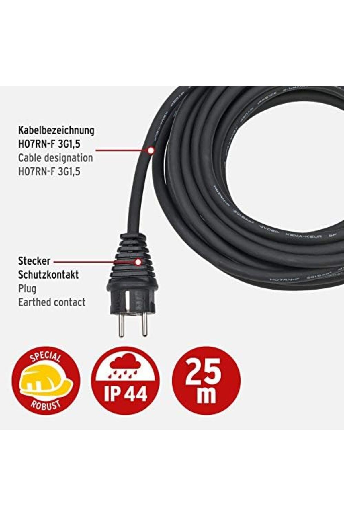 mazıdağı mazzıdağ Şantiye uzatma kablosu, 3 bölmeli kauçuk kavramalı, IP44, 25 m, H07RN-F3G1,5 new stor