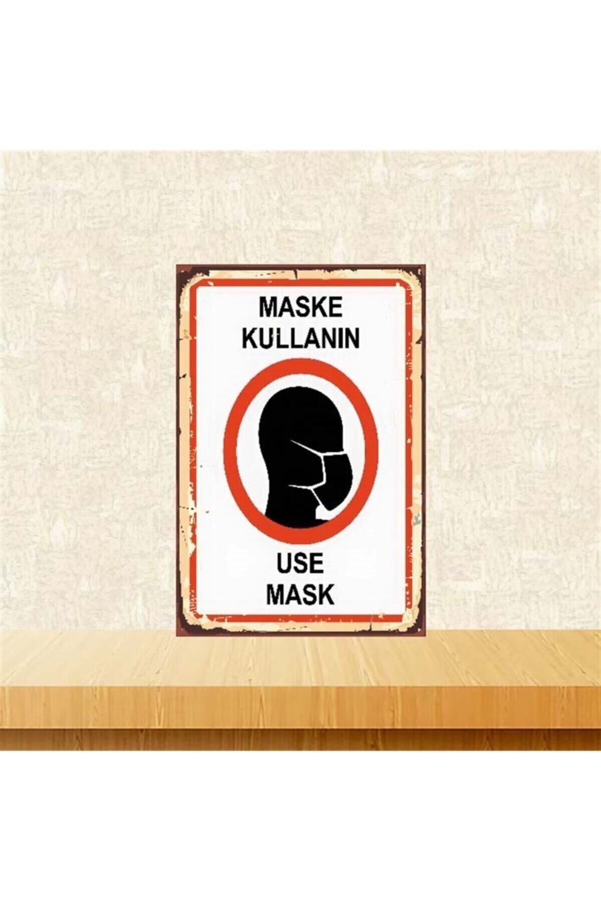 TAKIFİX Beyaz Maske Kullanın Yazılı Ahşap Poster