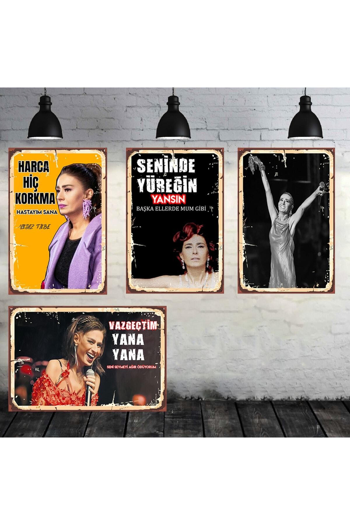 TAKIFİX Yıldız Tilbe Sözleri Seti 4 Adet 20x30 Cm Retro Ahşap Tablo