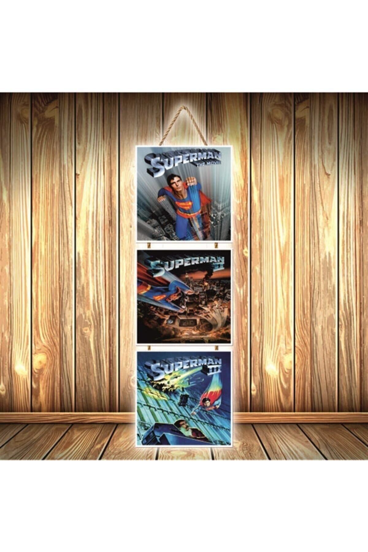 TAKIFİX Superman Tasarımlı Üçlü Retro Ahşap Poster Ü344
