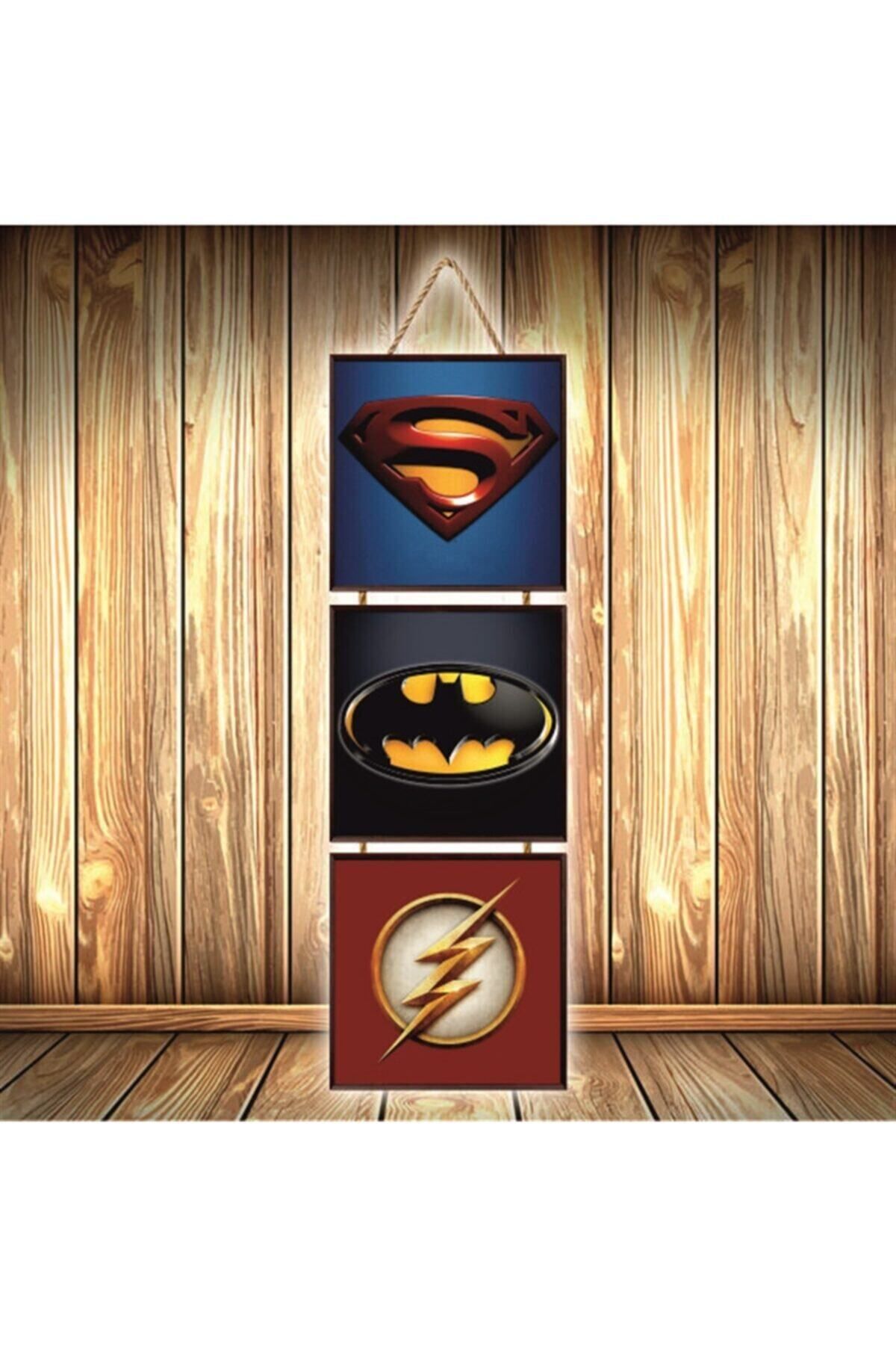 TAKIFİX Superman Batman Thor Logo Tasarımlı Üçlü Retro Ahşap Poster Ü357