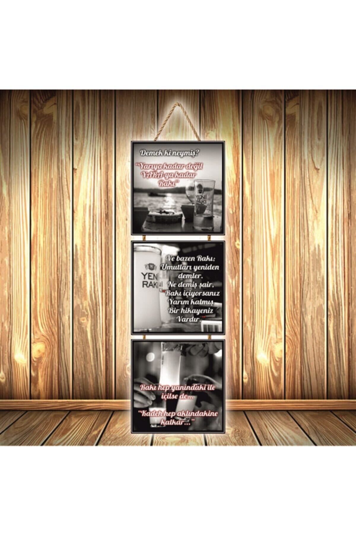TAKIFİX Kadeh Hep Aklındakine Kalkar Tasarımlı Üçlü Retro Ahşap Poster Ü278