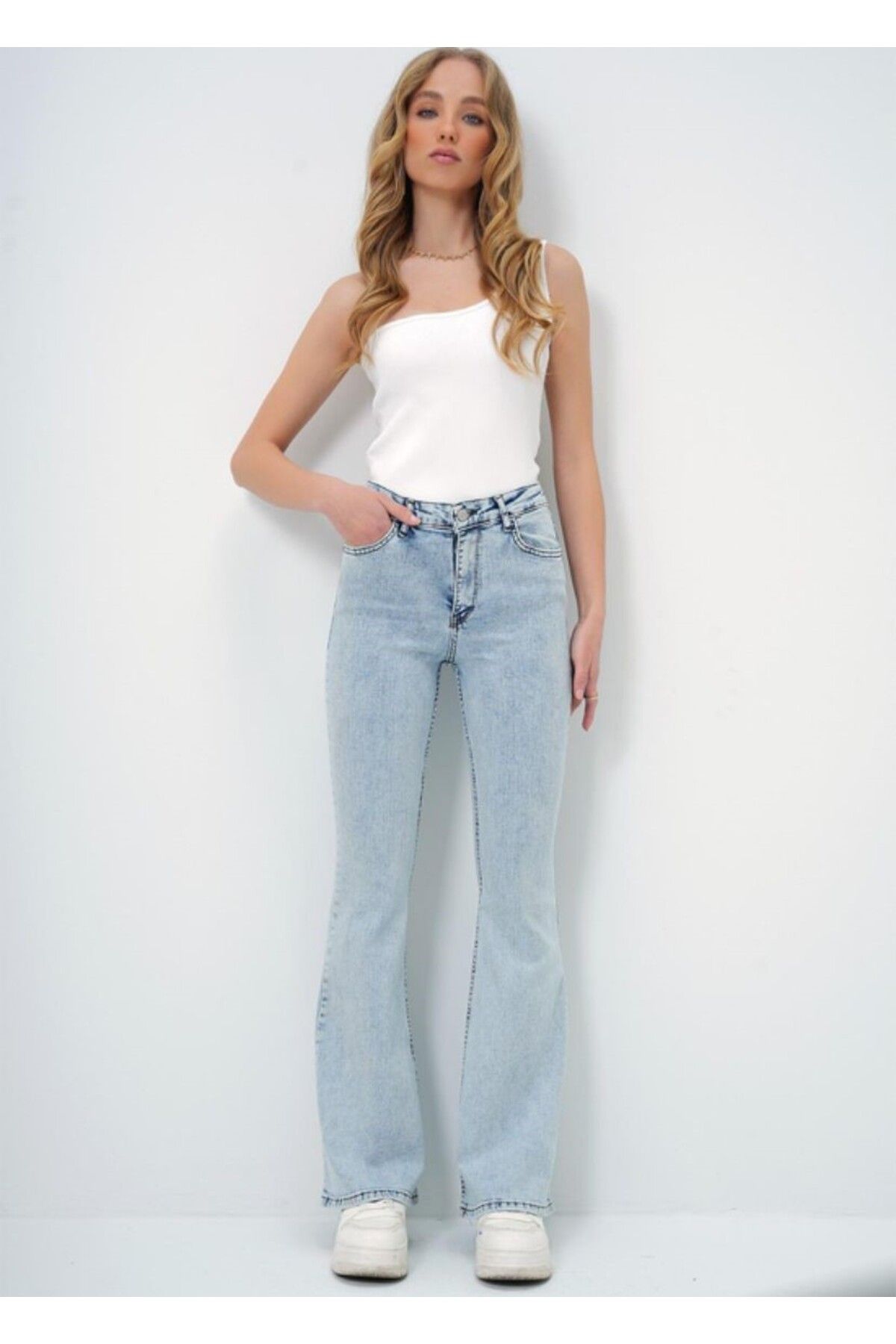 LOBOLIC İspanyol Paça Denim Pantolon-Yüksek Bel Açık Mavi Flare Jean