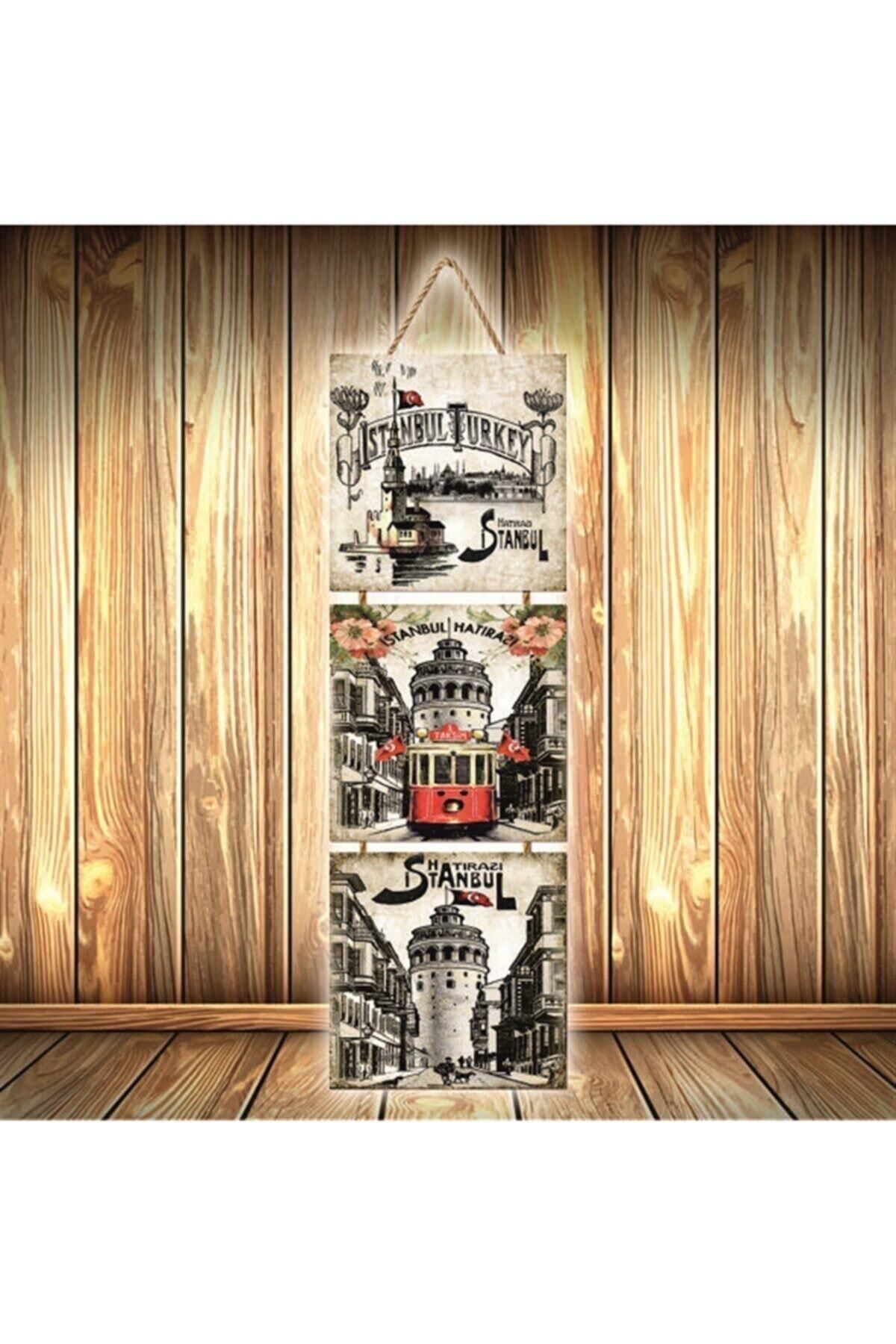 TAKIFİX Istanbul Tasarımlı Üçlü Retro Ahşap Poster Ü459