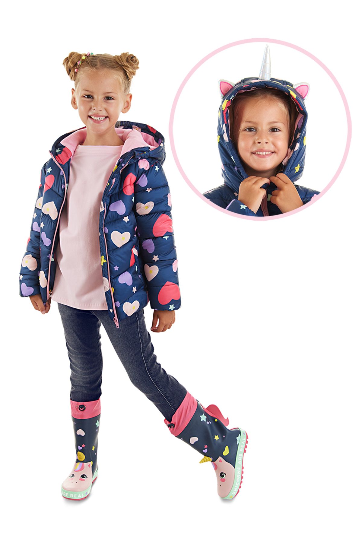 Denokids Wodoodporny Granatowy Płaszcz Z Kapturem I Jednorożcem Dla Dziewczynki Kobieta - 4 years old