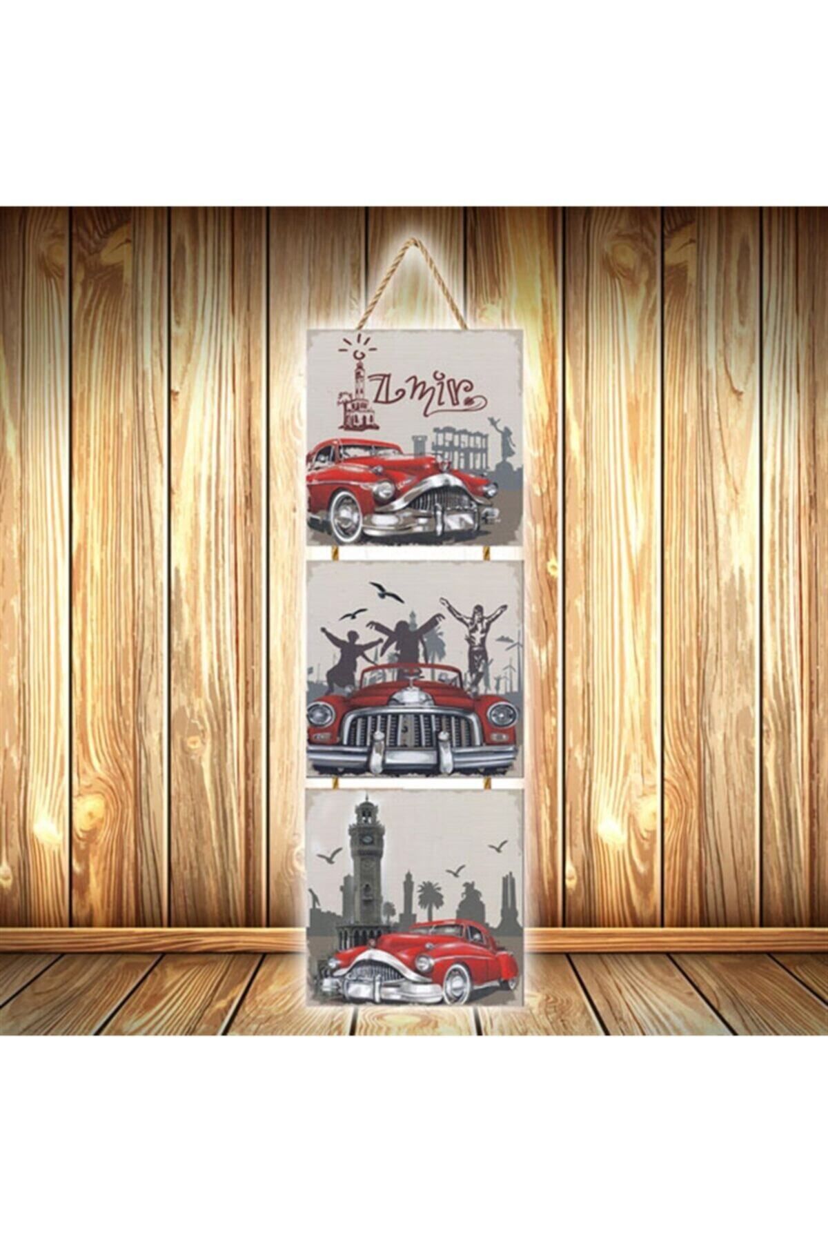 TAKIFİX Kırmızı Araba Tasarımlı Üçlü Retro Ahşap Poster Ü566