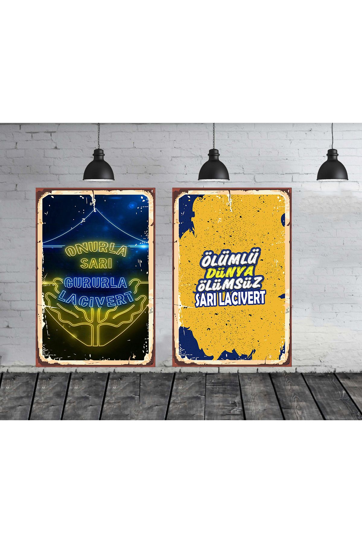 TAKIFİX Onurla Sarı Gururla Lacivert Seti 2 Adet 20x30 Cm Retro Ahşap Tablo