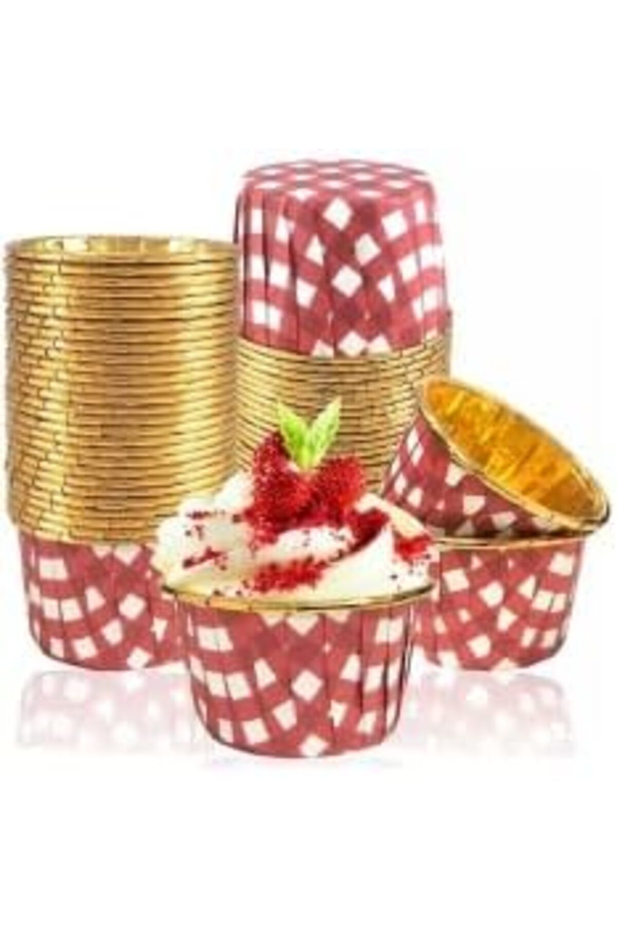 DERİK Derik Hediye Sepeti 25'li Kırmızı Gold Ekoseli Kırmızı Pötikare Muffin Kek Kalıbı, Kek Kaps