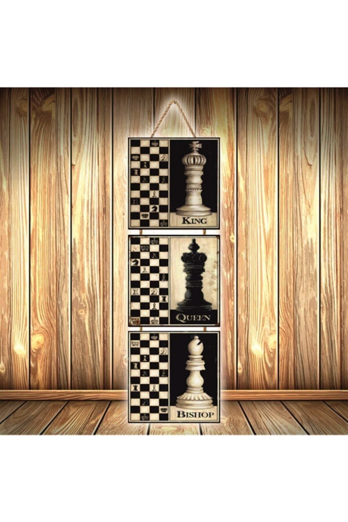 TAKIFİX Satranç Tasarımlı Üçlü Retro Ahşap Poster Ü484