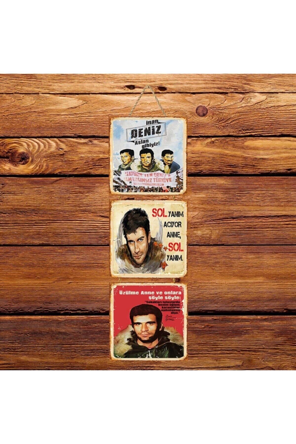 TAKIFİX Aslan Gibiyiz Deniz Gezmiş Üçlü Retro Ahşap Poster