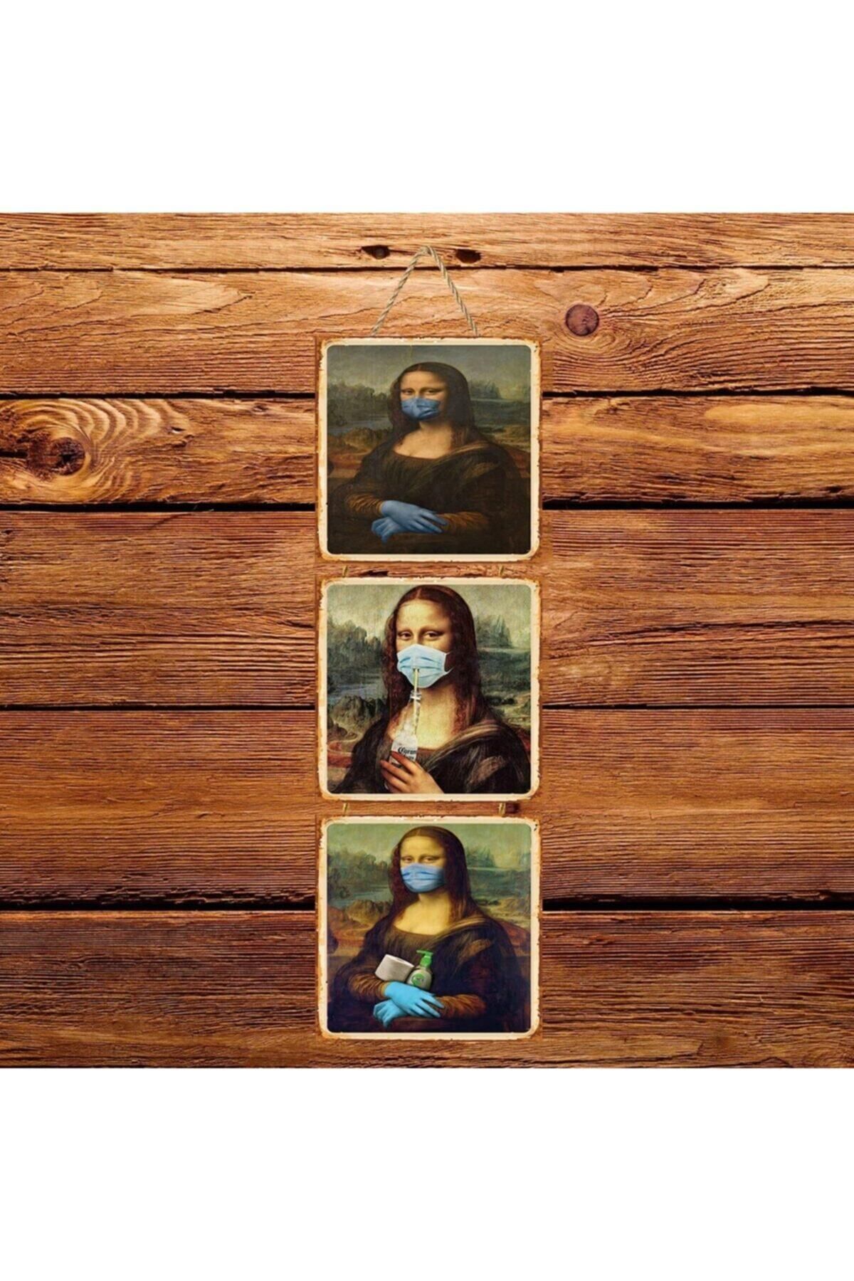 TAKIFİX Maskeli Mona Lisa Üçlü Retro Ahşap Poster