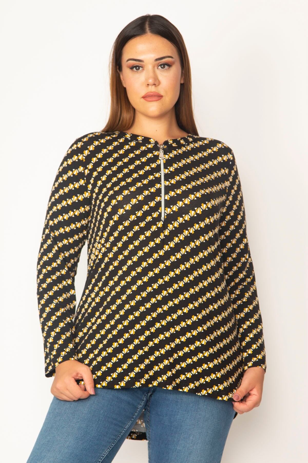 Şans-Women's Large Size Black Front Placket Zippered Viscose Blouse 65n28620 2