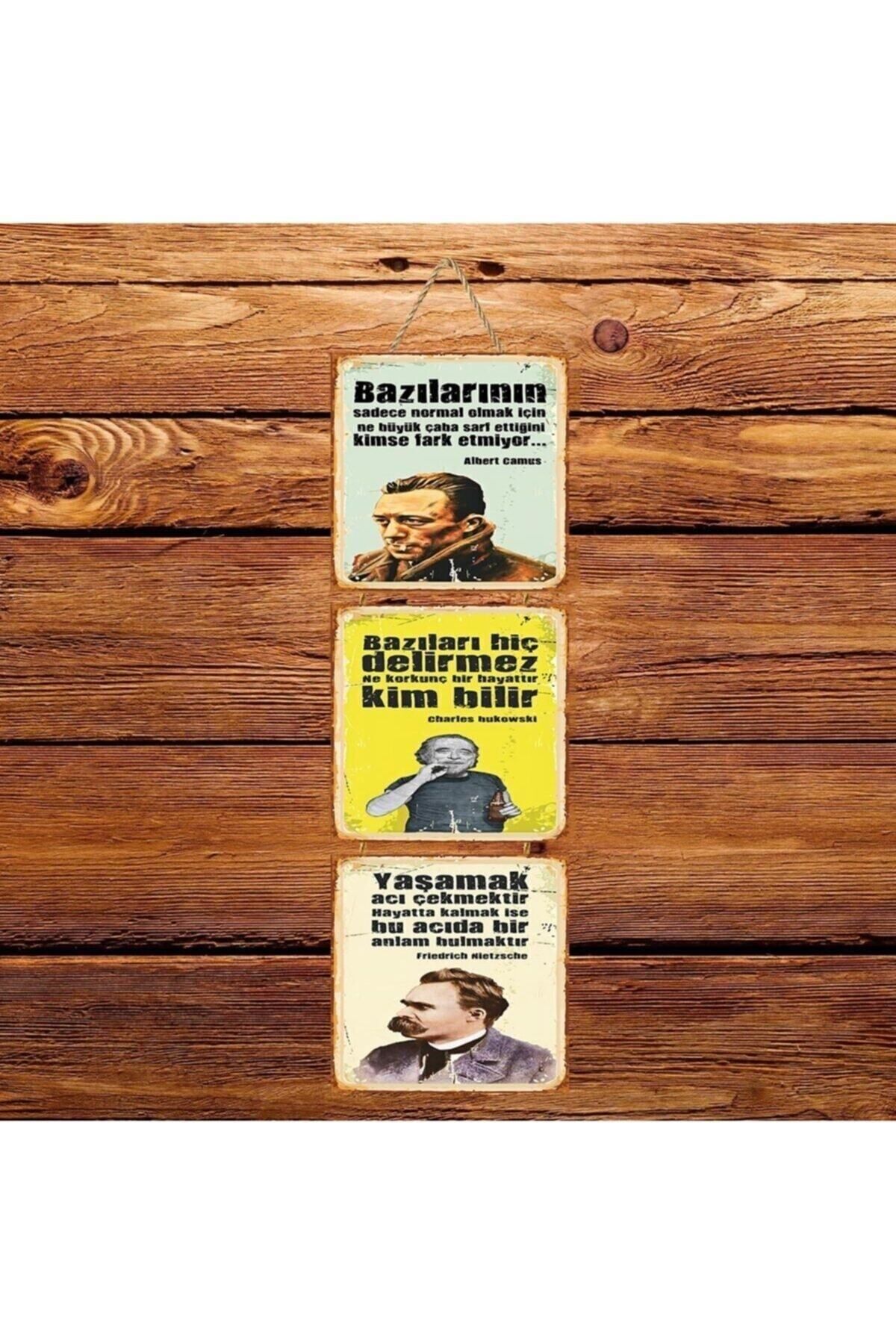 TAKIFİX Camus Bukowski Nietzsche Üçlü Retro Ahşap Poster