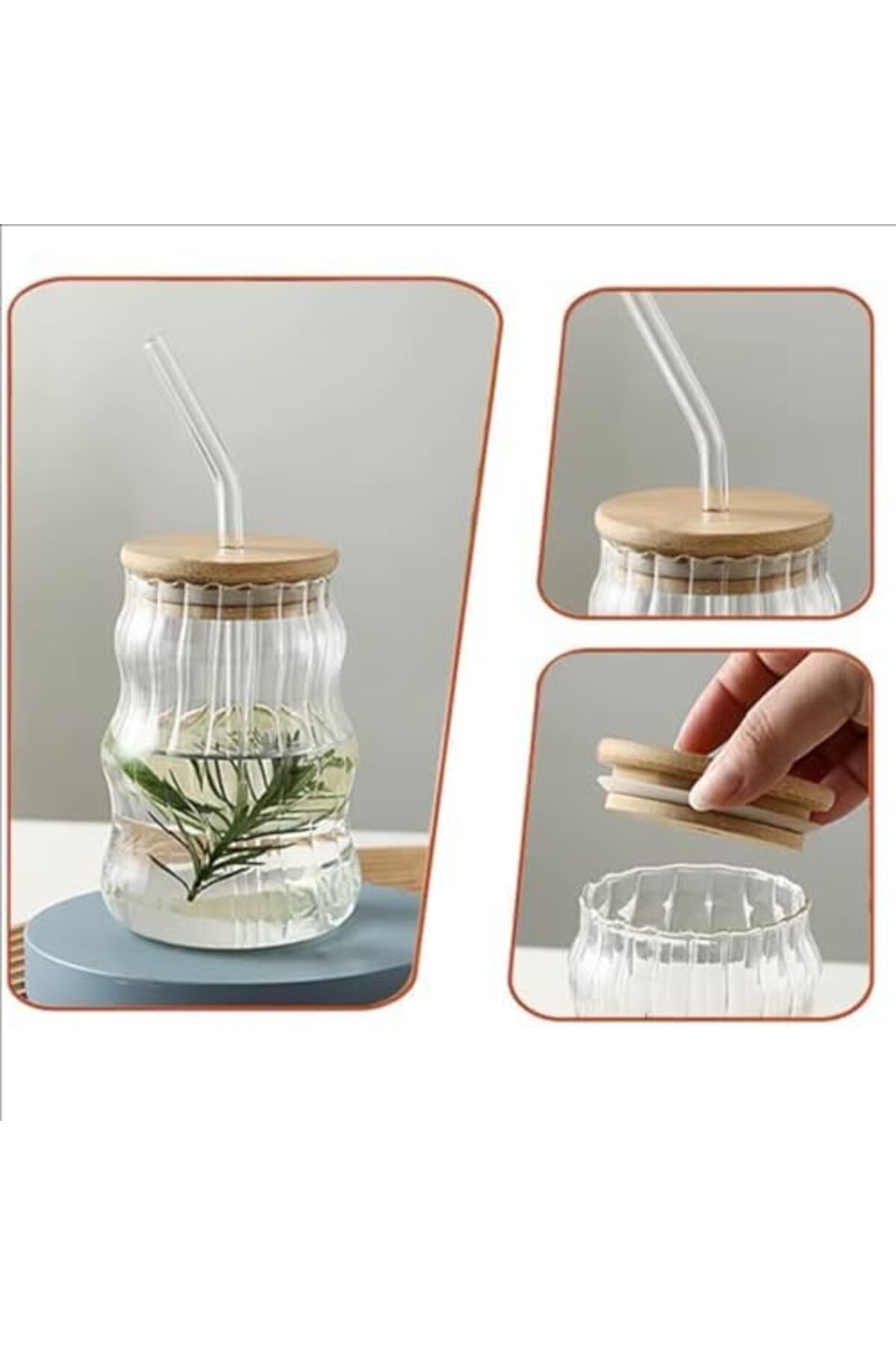 DERİK Derik 500ml Bambu Kapaklı Cam Bardak, Cam Pipetli Silikon Kapak Contalı Desenli Sıcak Soğuk İç