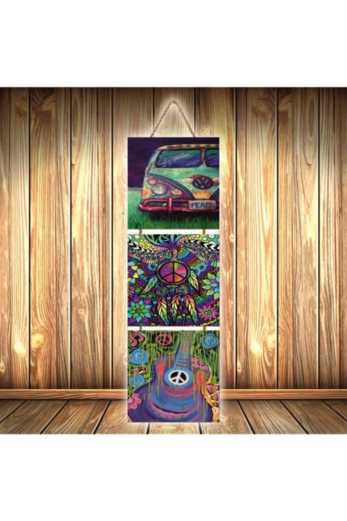 TAKIFİX Peace Love Tasarımlı Üçlü Retro Ahşap Poster Ü352