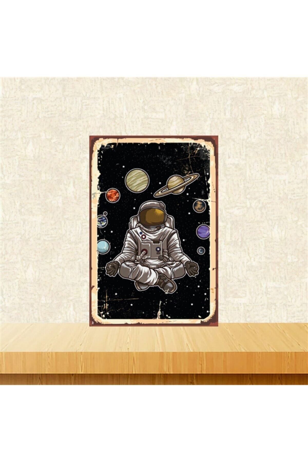 TAKIFİX Yoga Yapan Astronot 20-30 Cm Retro Ahşap Tablo Tkfx5133