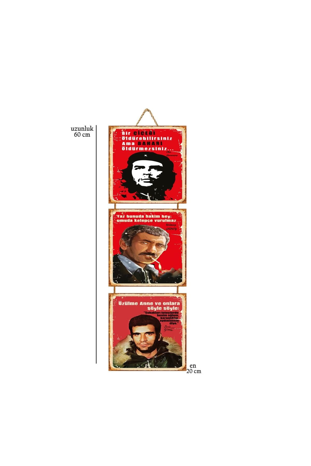 TAKIFİX Che Guevara Yılmaz Güney Deniz Gezmiş 20x20 Cm Üçlü Ahşap Poster