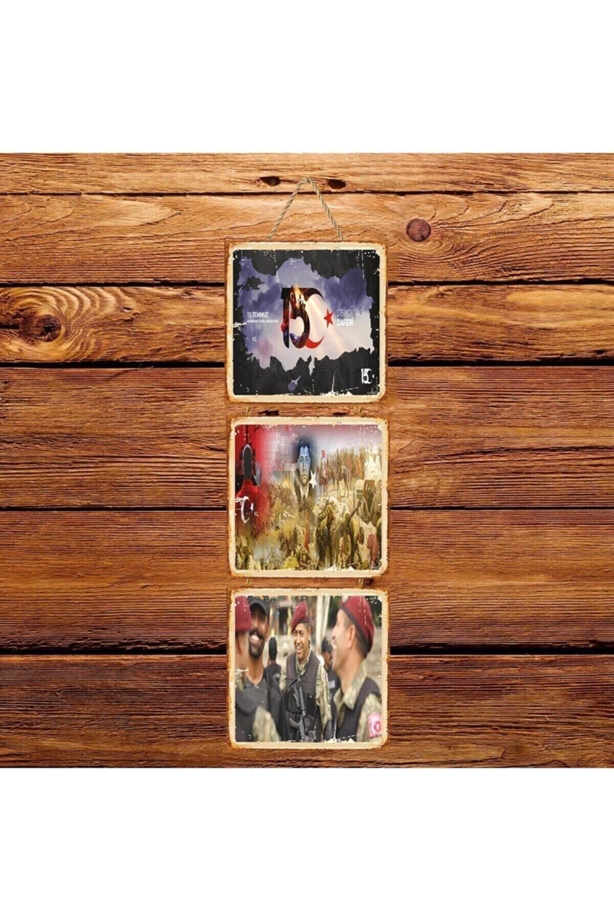 TAKIFİX 15 Temmuz Ömer Halis Demir Üçlü Retro Ahşap Poster