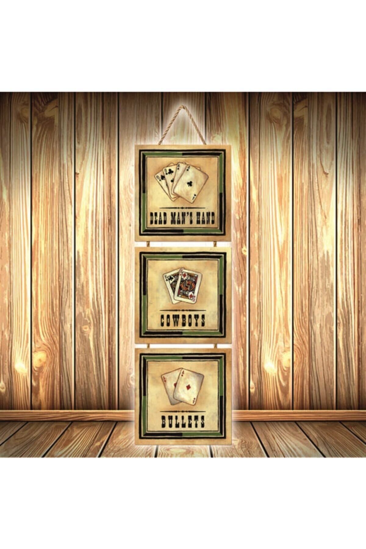 TAKIFİX Kahverengi İskambil Kağıtları Tasarımlı Üçlü Retro Ahşap Poster Ü308