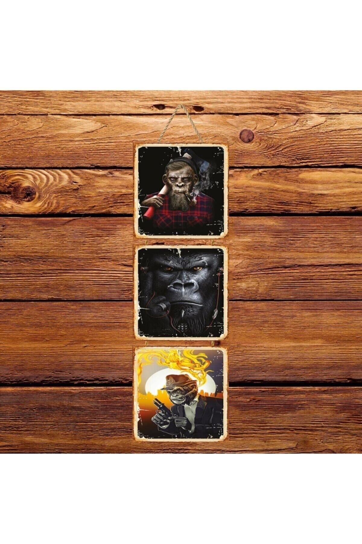 TAKIFİX Maymun Tasarımlı Üçlü Retro Ahşap Poster